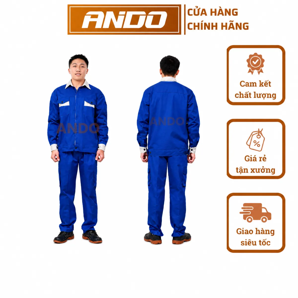 Quần áo bảo hộ lao động mẫu PR09, vải pangrim Phú Lộc, màu xanh công nhân cổ ghi