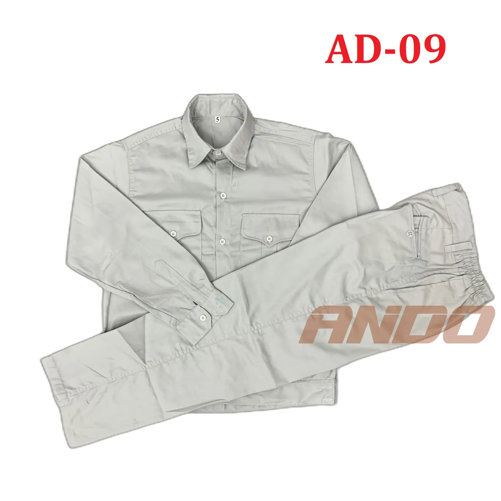 Bộ quần áo AD09 màu ghi sáng, vải kaki 2/1,  dày dặn, may kỹ, nhận in đồng phục nhà xưởng, doanh nghiệp theo yêu cầu