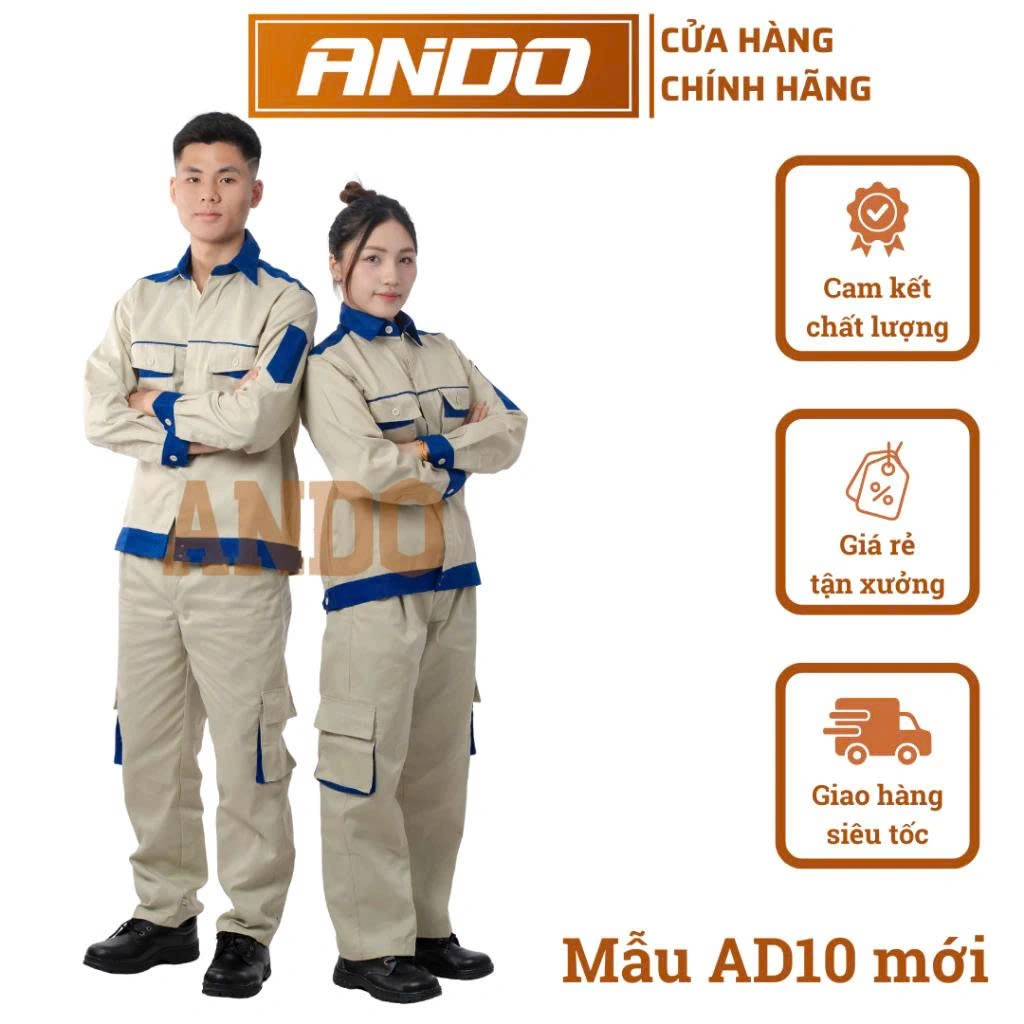Quần áo bảo hộ lao động AD10 màu ghi phối xanh che cúc, vải kaki 3/1, thiết kế & in đồng phục doanh nghiệp, nhà xưởng