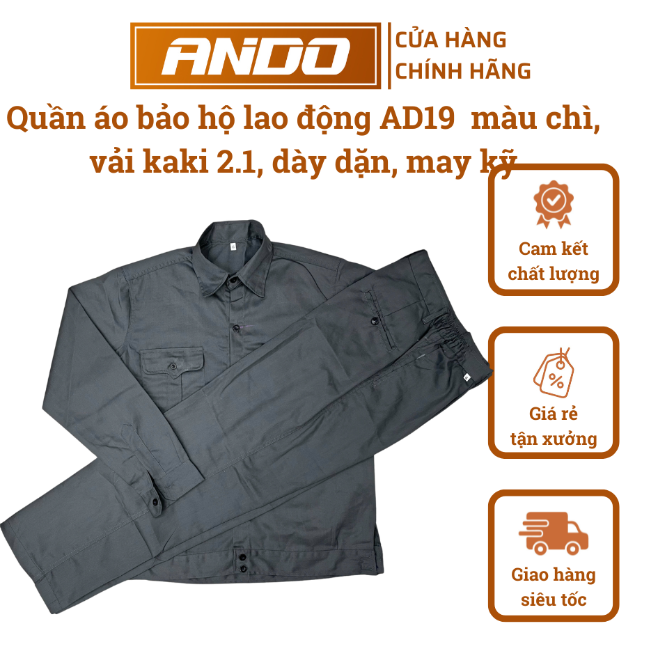 Quần áo bảo hộ lao động mẫu AD19 màu xám chì, vải kaki 2/1, in đồng phục doanh nghiệp, nhà xưởng, đội thi công,