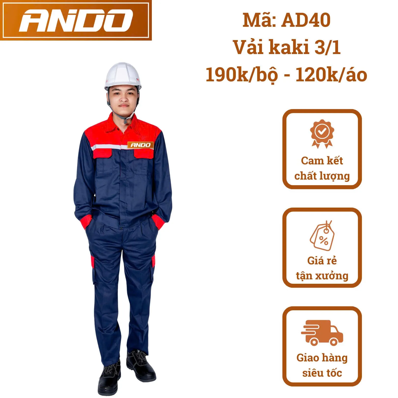 Quần áo bảo hộ lao động AD40 màu xanh than phối đỏ, vải kaki 3/1, thiết kế & in đồng phục doanh nghiệp, nhà xưởng