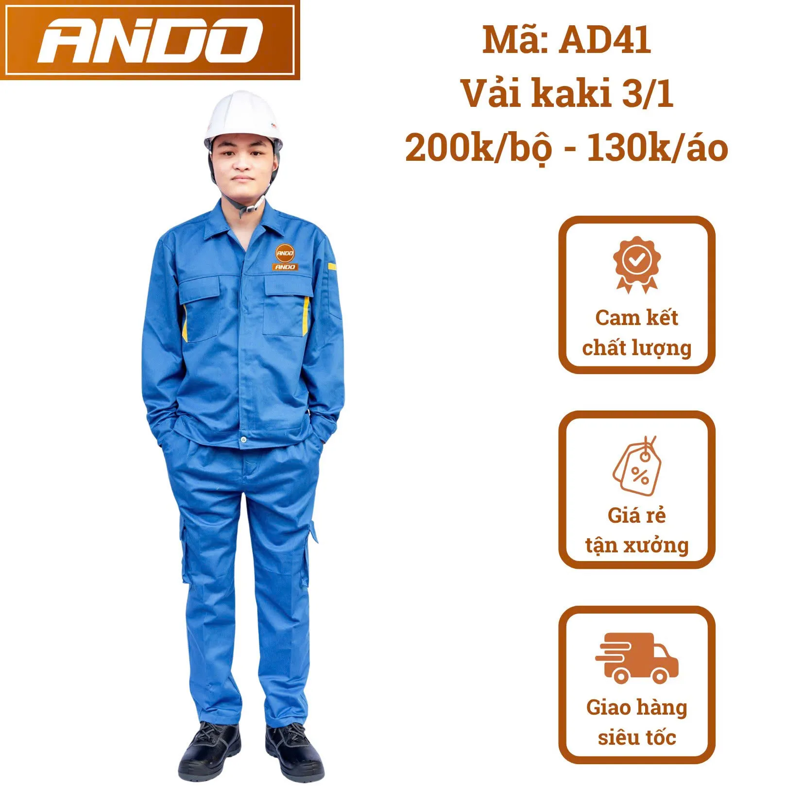 Quần áo bảo hộ lao động AD41 màu xanh dương phối ngực kẻ vàng, vải kaki 3/1, thiết kế & in đồng phục doanh nghiệp, nhà xưởng