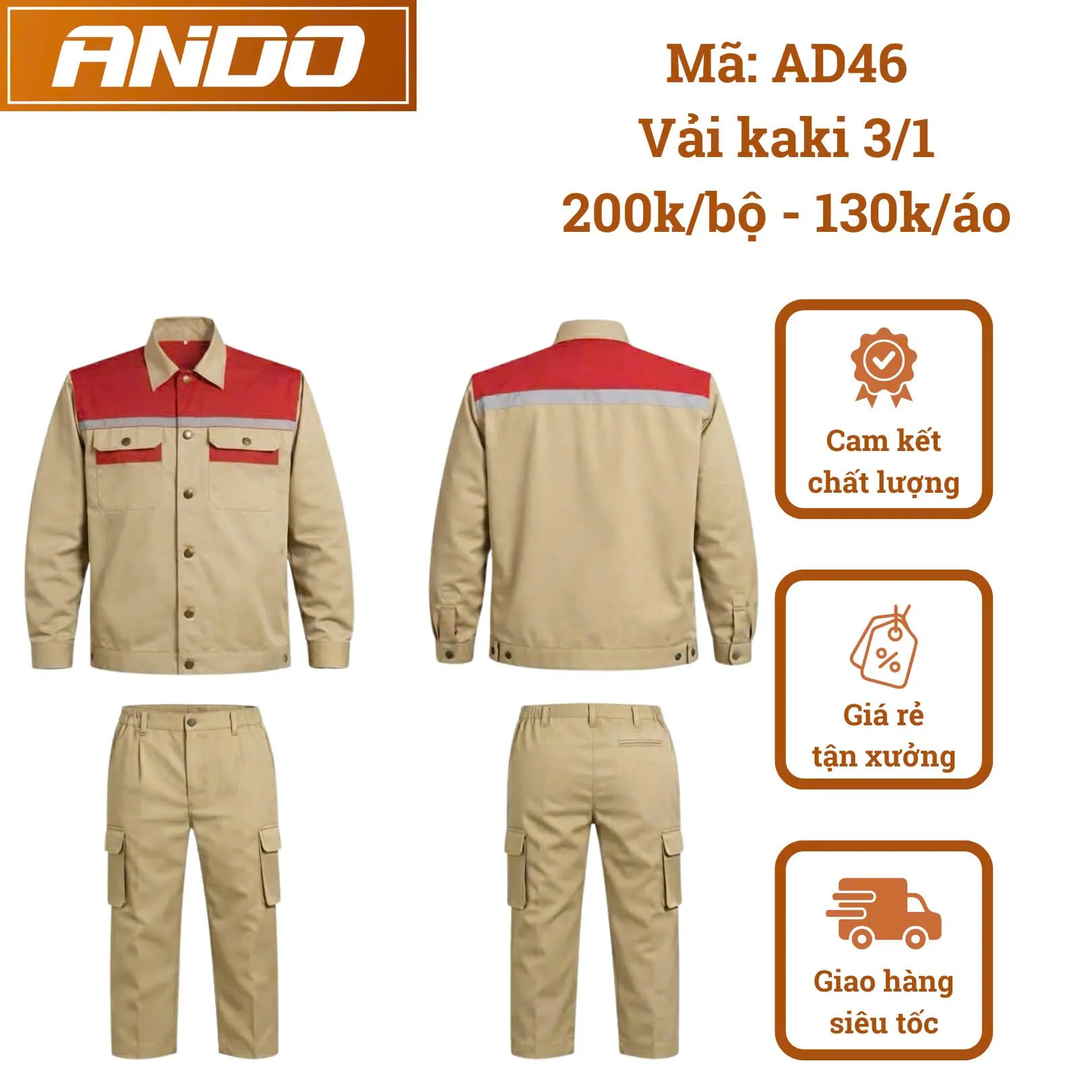 Quần áo bảo hộ lao động AD46 màu ghi đậm phối đỏ cúc đồng, vải kaki 3/1, thiết kế & in đồng phục doanh nghiệp, nhà xưởng