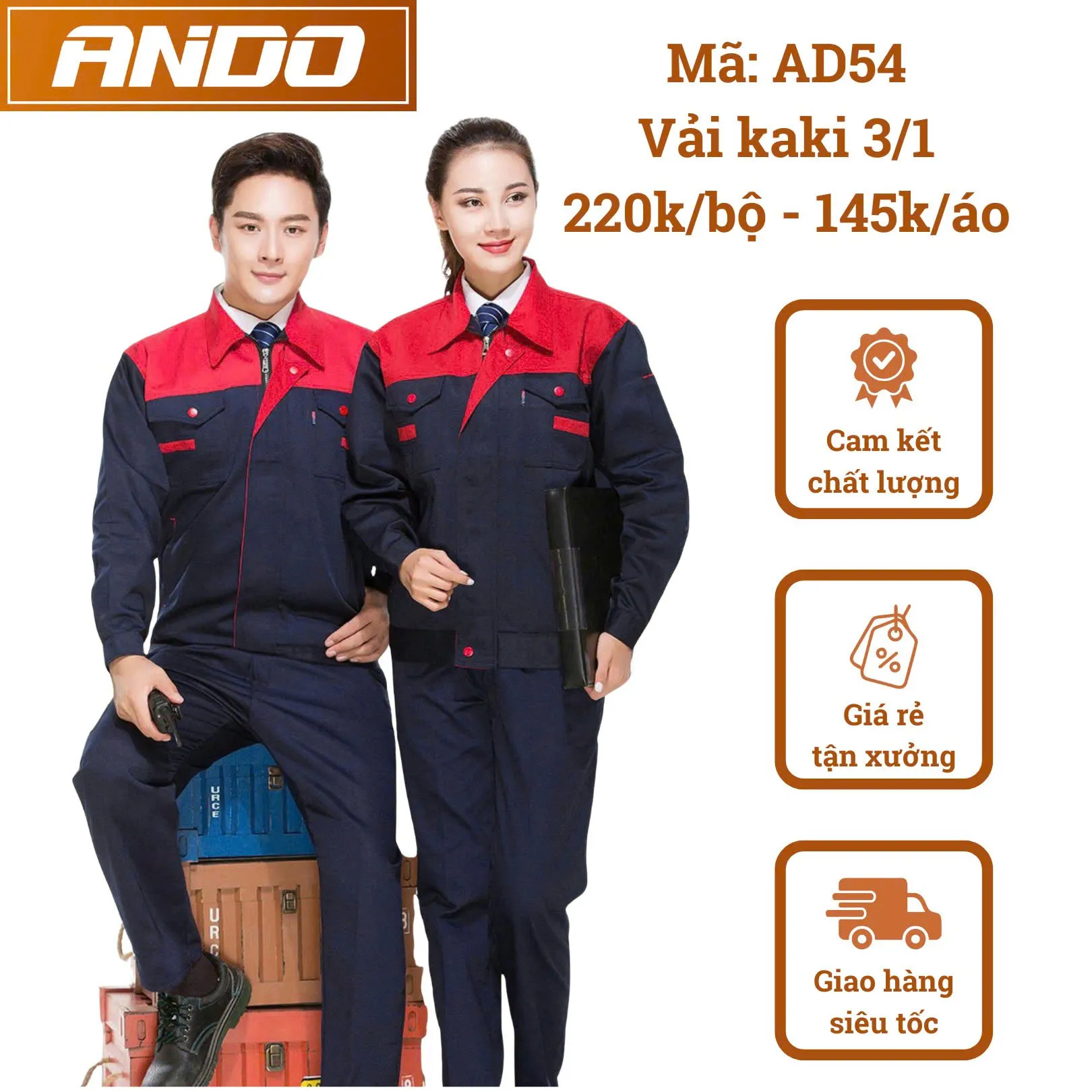 Quần áo bảo hộ lao động AD54 màu xanh than phối đỏ, vải kaki 3/1, thiết kế & in đồng phục doanh nghiệp, nhà xưởng