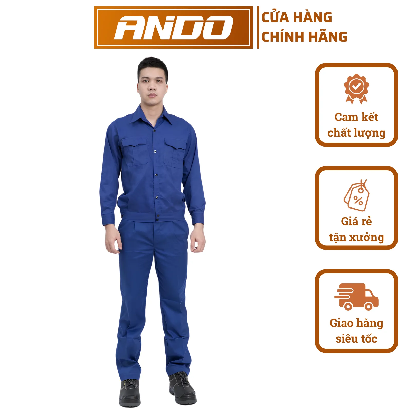 Quần áo bảo hộ lao động AD08 màu xanh công nhân, vải kaki 2/1, dày dặn, may kỹ, nhận in đồng phục nhà xưởng, doanh nghiệp theo yêu cầu
