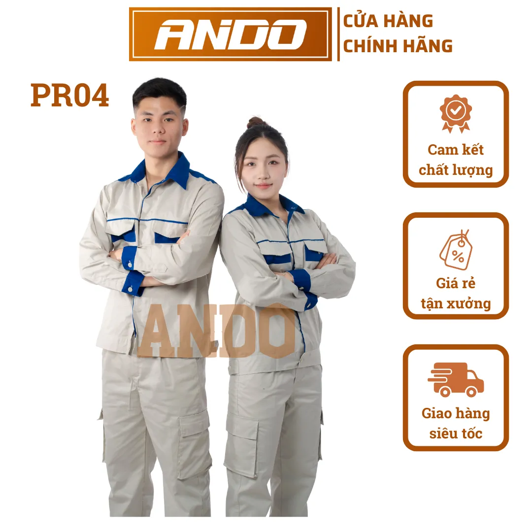 Quần áo bảo hộ lao động mẫu PR04, vải pangrim Phú Lộc, màu ghi sáng phối xanh