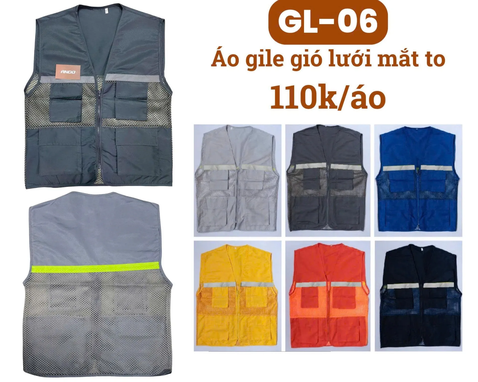 [GL-06] Áo gile phản quang bảo hộ lao động loại cao cấp, dành cho kỹ sư, công nhân, lưới mắt to, in đồng phục theo yêu cầu