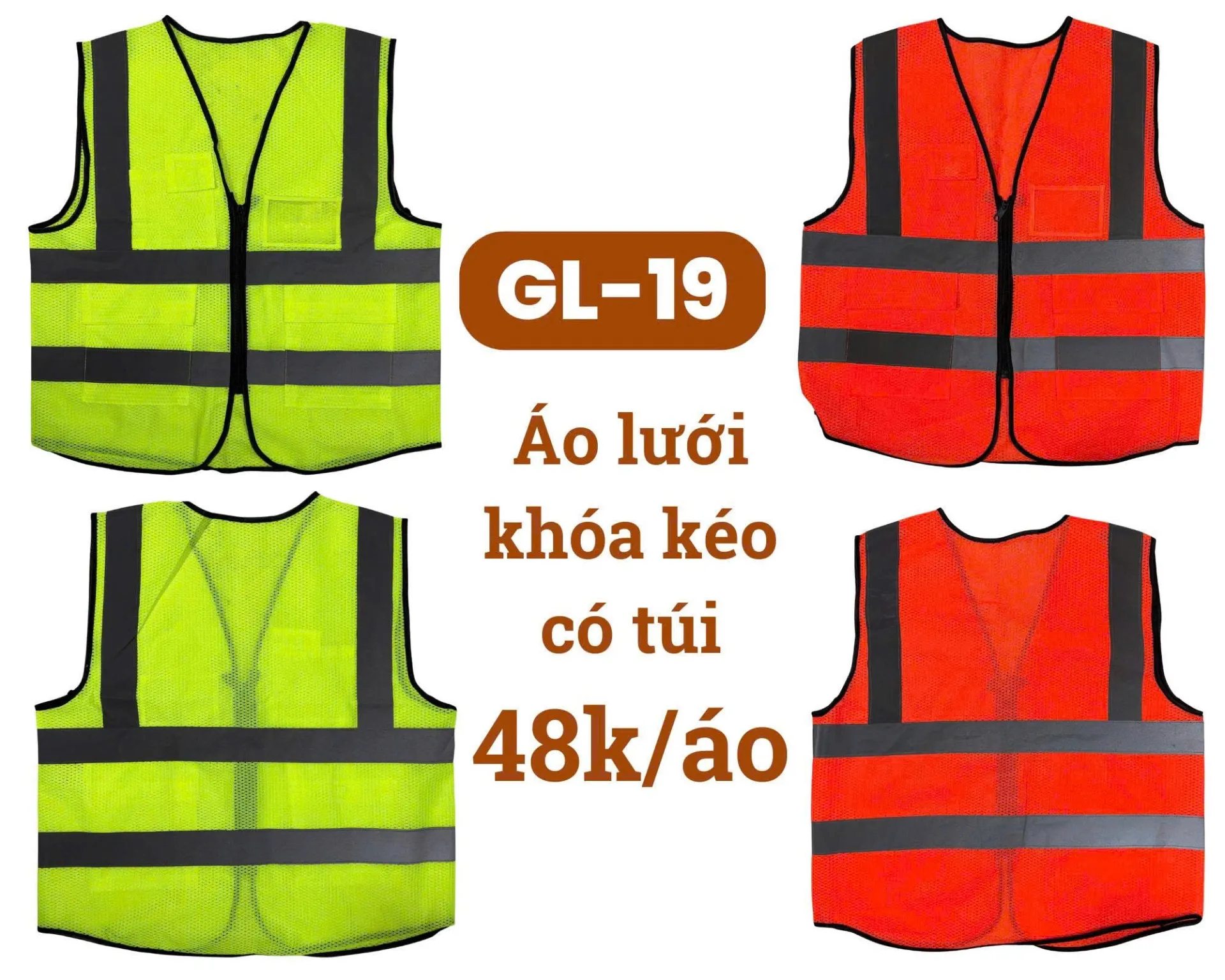 [GL-19] Áo ghi lê bảo hộ lao động - Áo lưới phản quang khóa kéo có túi màu cam & nõn chuối