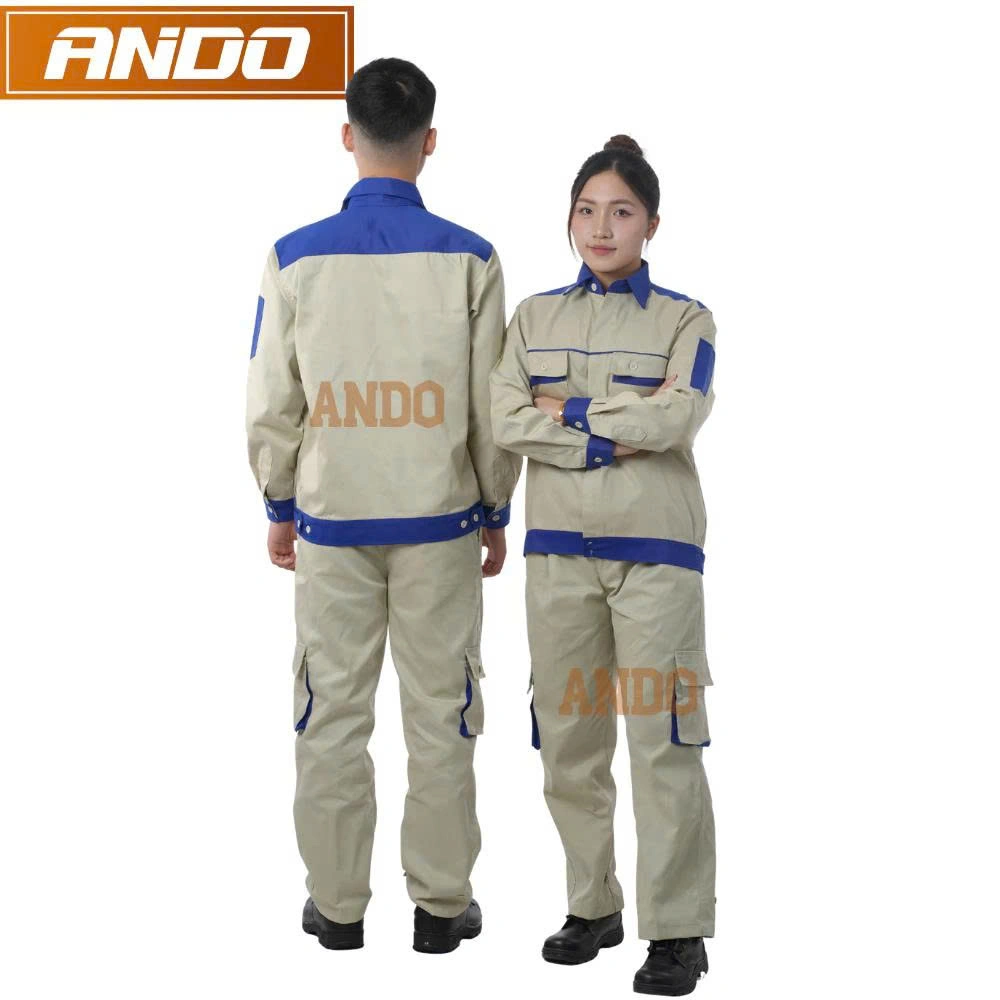 Quần áo bảo hộ lao động AD10 màu ghi phối xanh che cúc, vải kaki 3/1, thiết kế & in đồng phục doanh nghiệp, nhà xưởng