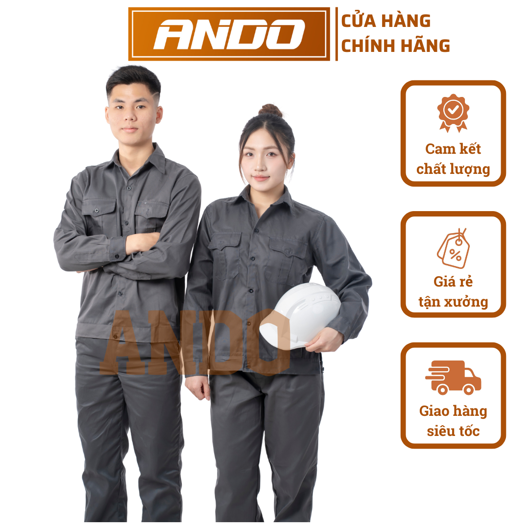 Quần áo bảo hộ lao động mẫu AD19 màu xám chì, vải kaki 2/1, in đồng phục doanh nghiệp, nhà xưởng, đội thi công,