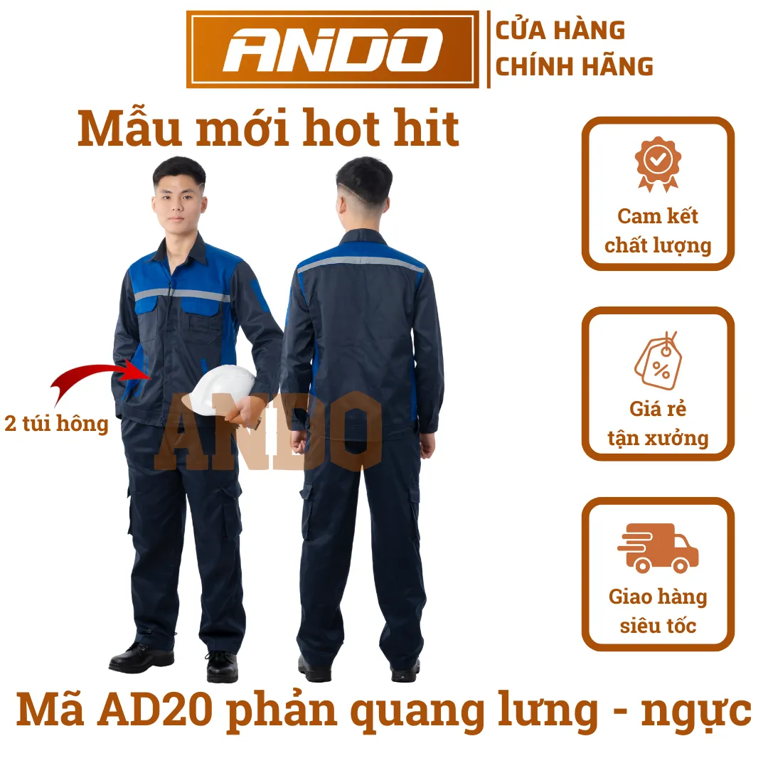 Quần áo bảo hộ lao động mẫu AD20 có phản quang, màu tím than phối xanh, in đồng phục doanh nghiệp, nhà xưởng, đội thi công,…