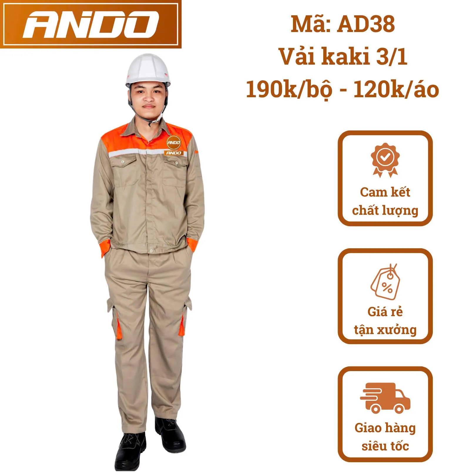 Quần áo bảo hộ lao động AD38 màu ghi đậm phối cam, vải kaki 3/1, thiết kế & in đồng phục doanh nghiệp, nhà xưởng