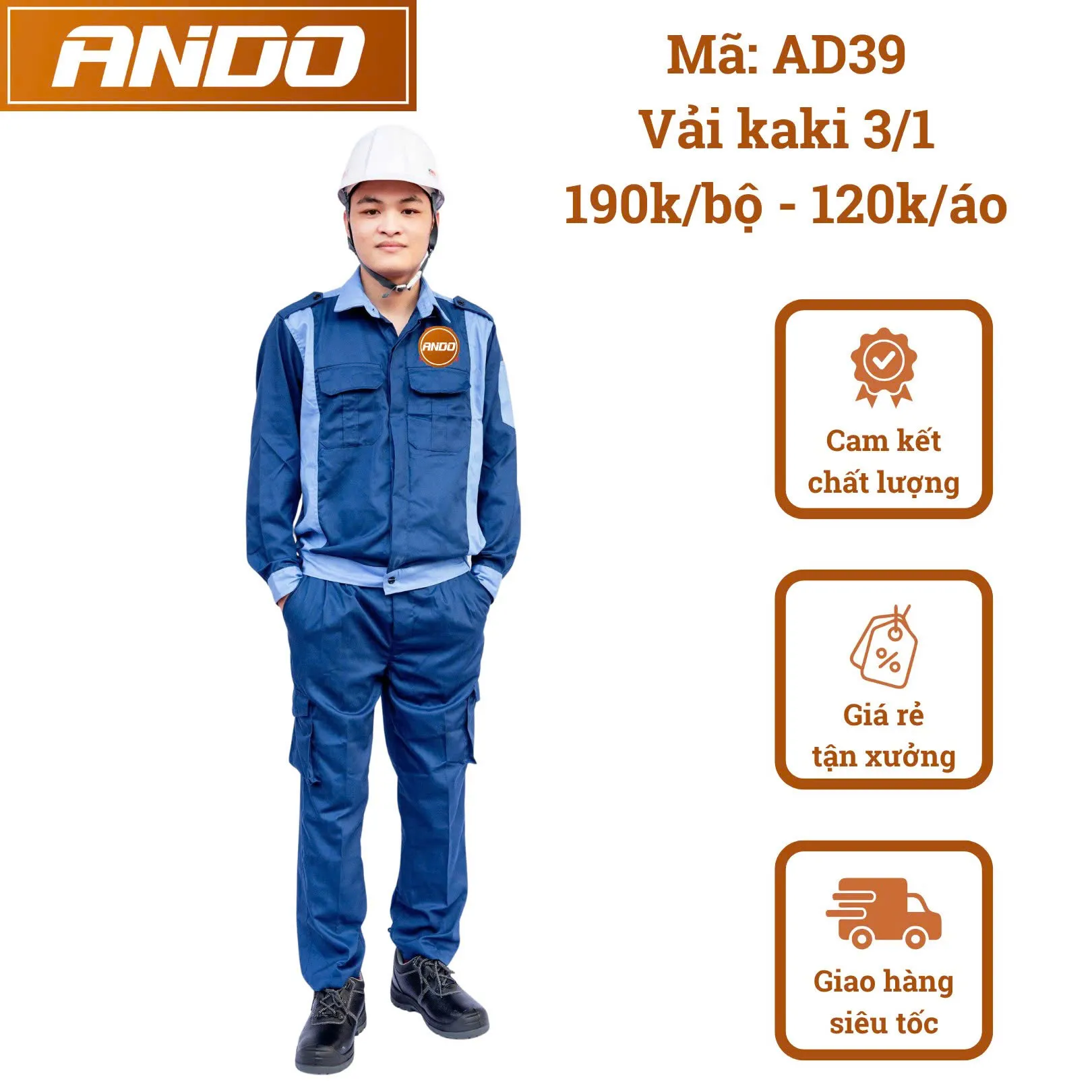Quần áo bảo hộ lao động AD39 màu xanh công nhân phối xanh nhạt, vải kaki 3/1, thiết kế & in đồng phục doanh nghiệp, nhà xưởng