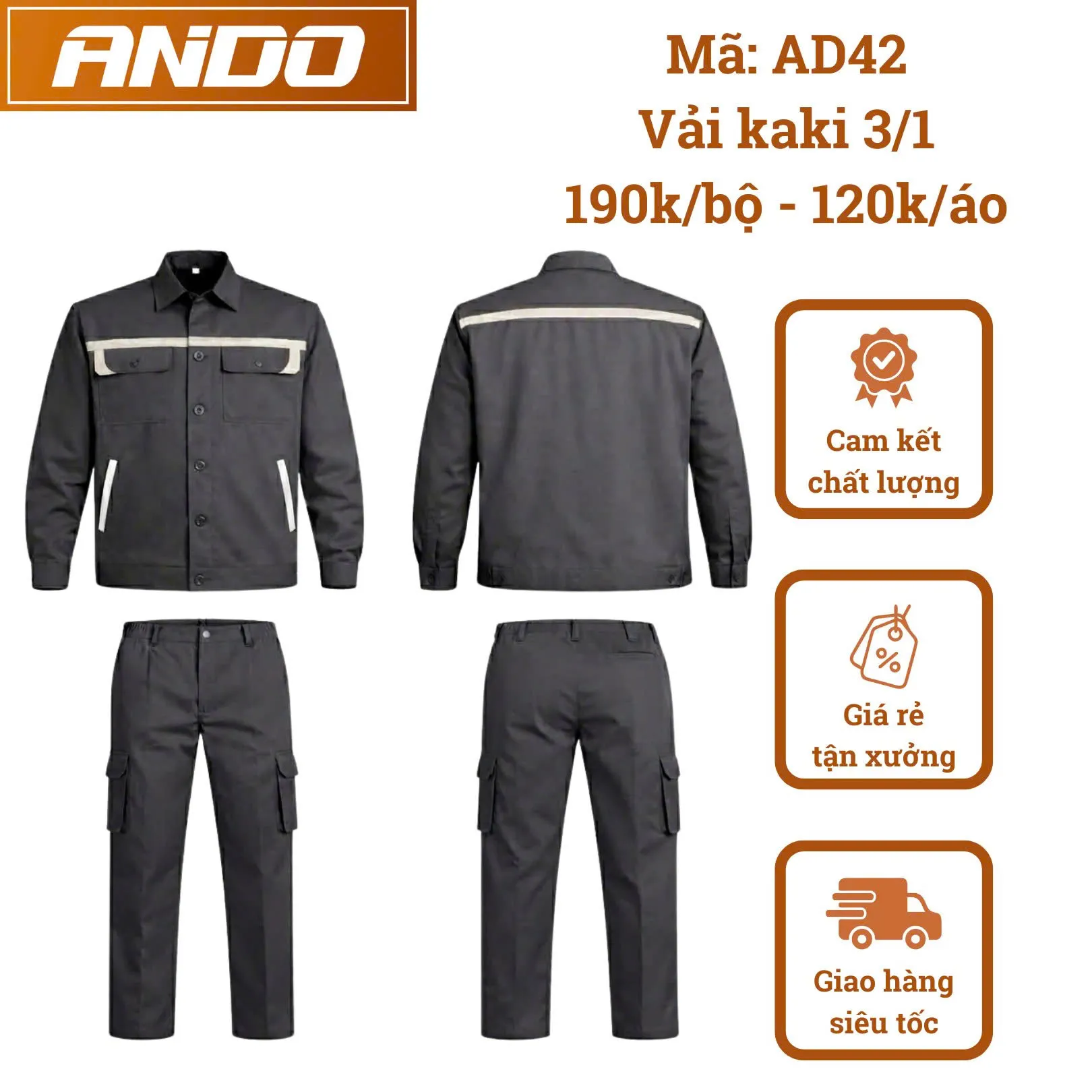 Quần áo bảo hộ lao động AD42 màu xám đậm, vải kaki 3/1, thiết kế & in đồng phục doanh nghiệp, nhà xưởng