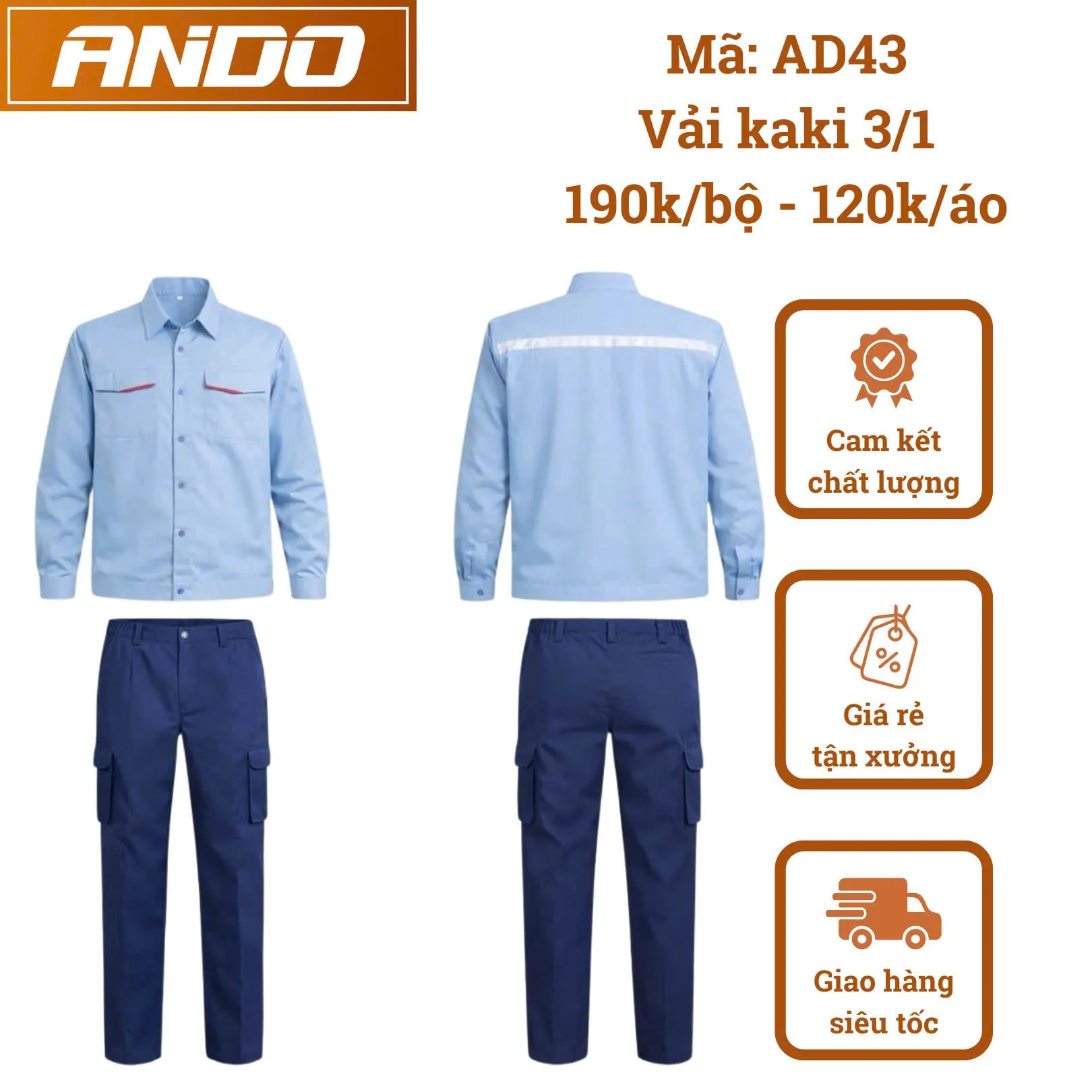 Quần áo bảo hộ lao động AD43 màu xanh nhạt có phản quang, vải kaki 3/1, thiết kế & in đồng phục doanh nghiệp, nhà xưởng