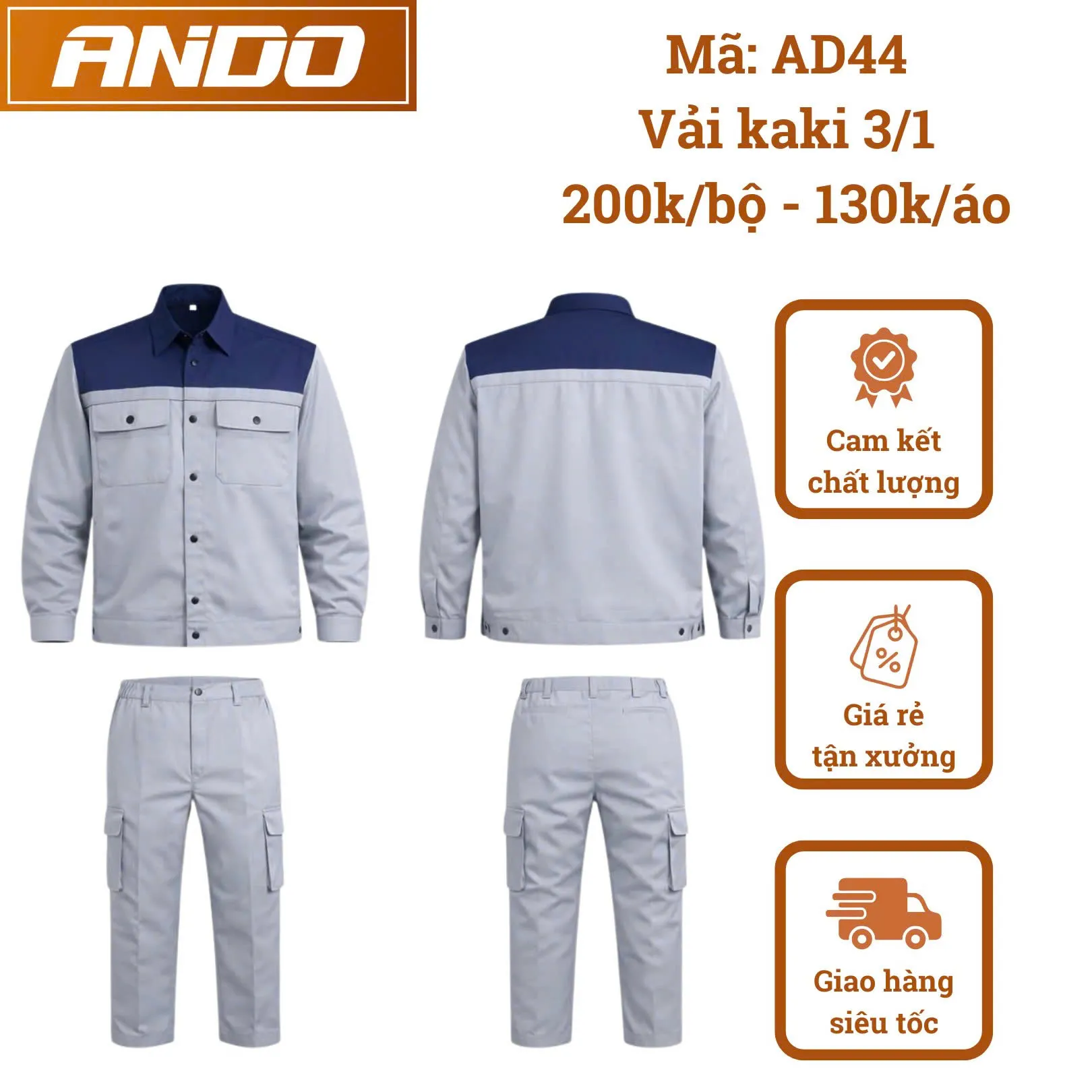 Quần áo bảo hộ lao động AD44 màu ghi xám phối xanh, vải kaki 3/1, thiết kế & in đồng phục doanh nghiệp, nhà xưởng