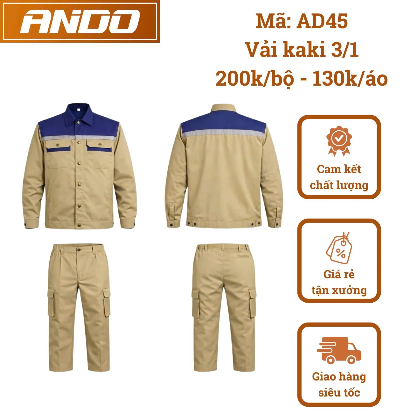 Quần áo bảo hộ lao động AD45 màu ghi đậm phối xanh dương, vải kaki 3/1, thiết kế & in đồng phục doanh nghiệp, nhà xưởng