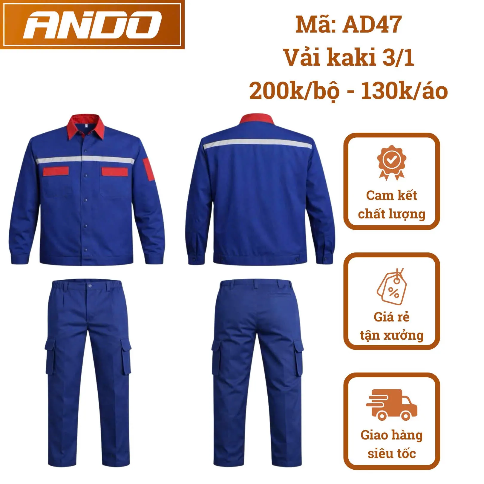 Quần áo bảo hộ lao động AD47 màu xanh phối ngực đỏ, vải kaki 3/1, thiết kế & in đồng phục doanh nghiệp, nhà xưởng
