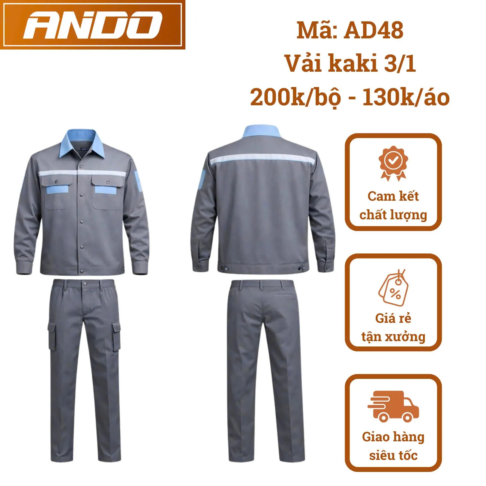 Quần áo bảo hộ lao động AD48 màu ghi đậm phối cổ xanh, vải kaki 3/1, thiết kế & in đồng phục doanh nghiệp, nhà xưởng
