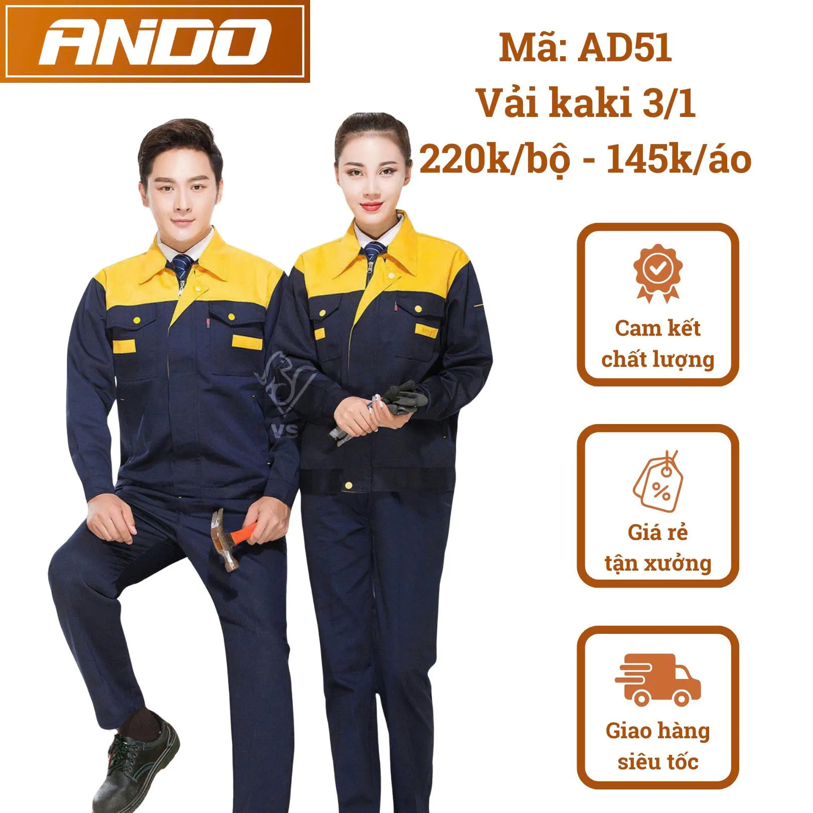 Quần áo bảo hộ lao động AD51 màu xanh than phối vàng, vải kaki 3/1, thiết kế & in đồng phục doanh nghiệp, nhà xưởng