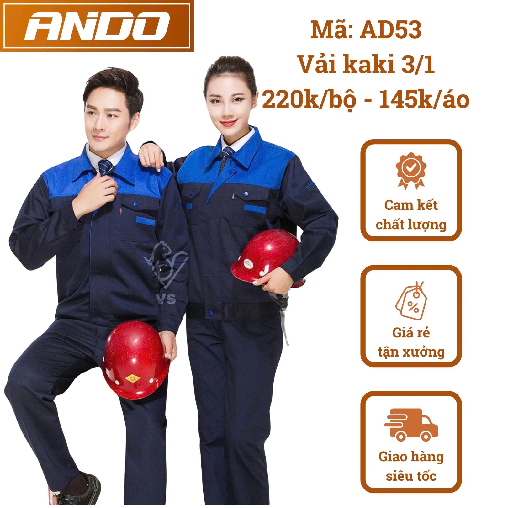 Quần áo bảo hộ lao động AD53 màu tím than phối xanh, vải kaki 3/1, thiết kế & in đồng phục doanh nghiệp, nhà xưởng