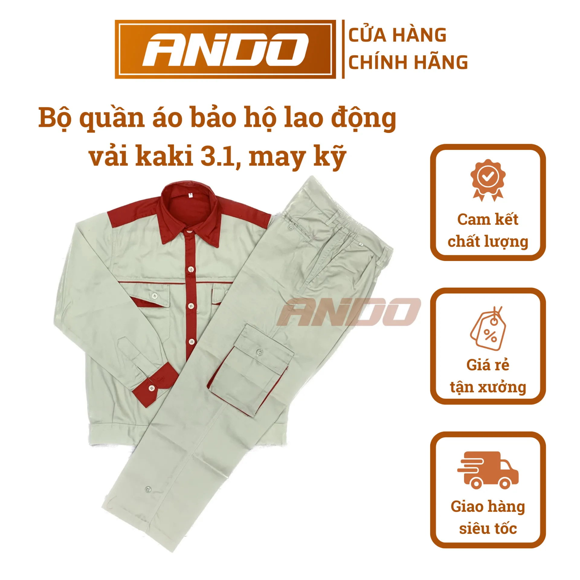 Quần áo bảo hộ lao động AD06 màu ghi kẻ đỏ, vải kaki 3/1, thiết kế & in đồng phục doanh nghiệp, nhà xưởng