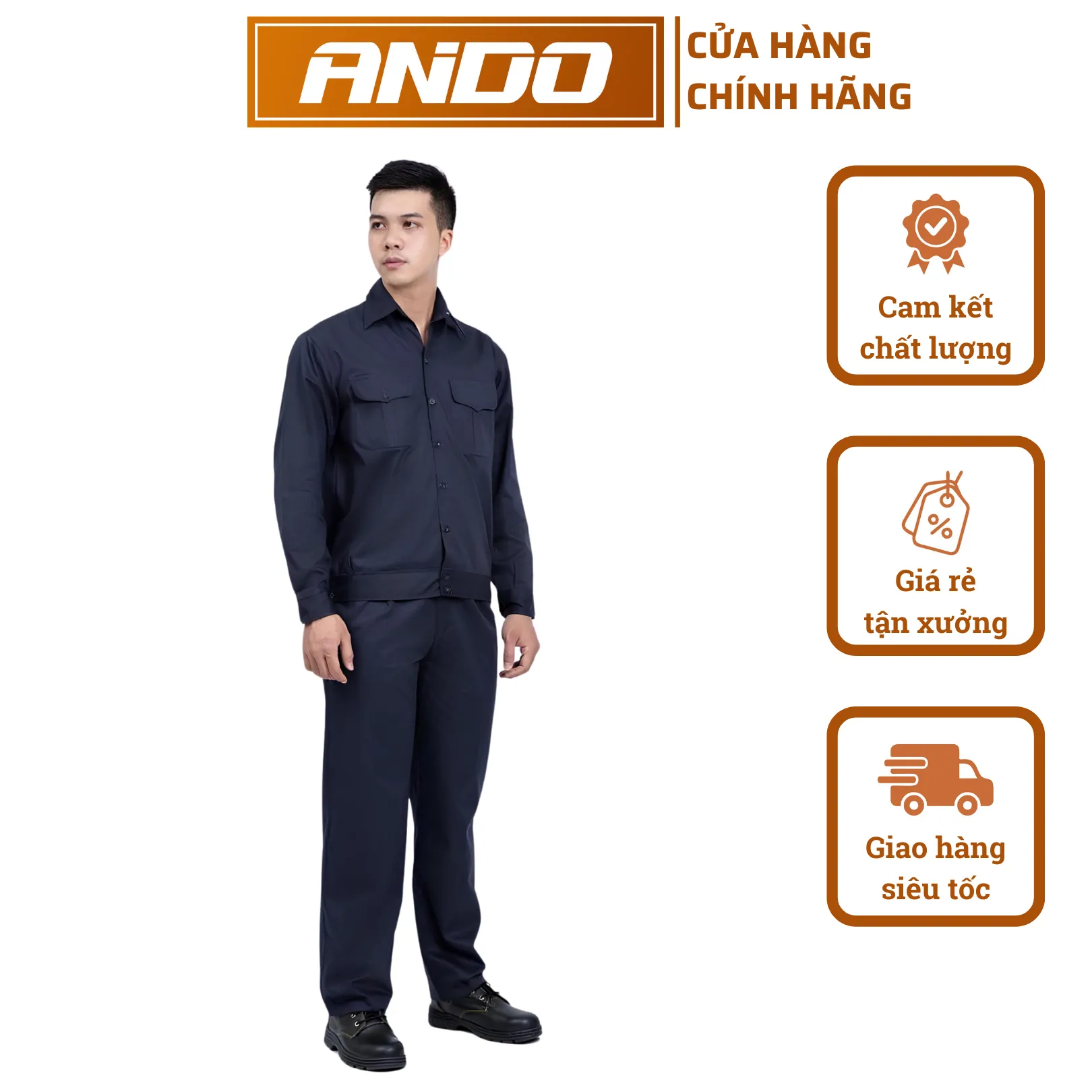 Quần áo bảo hộ lao động mẫu AD07 màu than đen, vải kaki 2/1, dày dặn, may kỹ, nhận in đồng phục nhà xưởng, doanh nghiệp theo yêu cầu