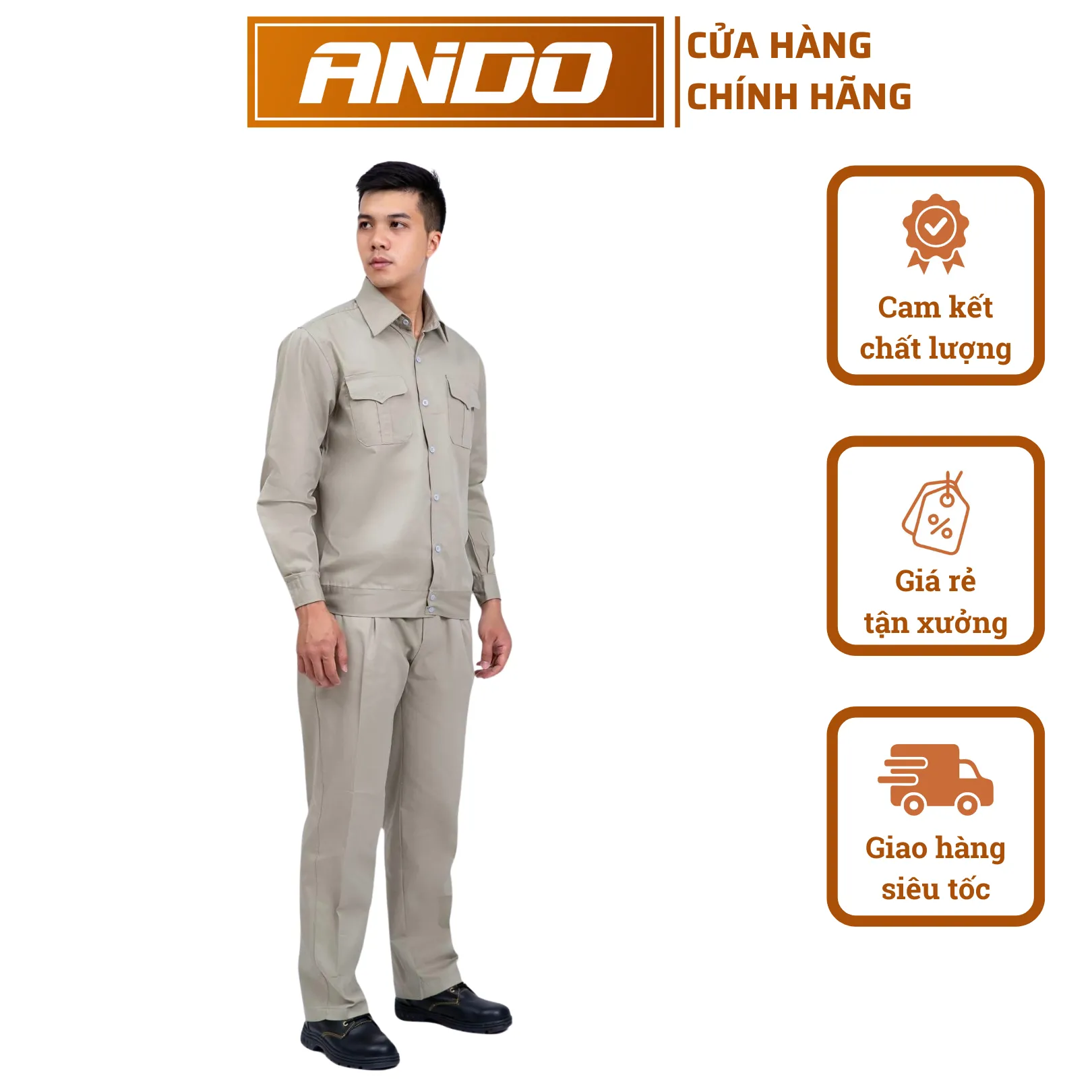 Bộ quần áo AD09 màu ghi sáng, vải kaki 2/1,  dày dặn, may kỹ, nhận in đồng phục nhà xưởng, doanh nghiệp theo yêu cầu