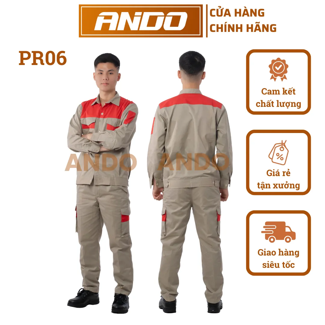 Quần áo bảo hộ lao động mẫu PR06, vải pangrim, màu ghi đậm phối đỏ