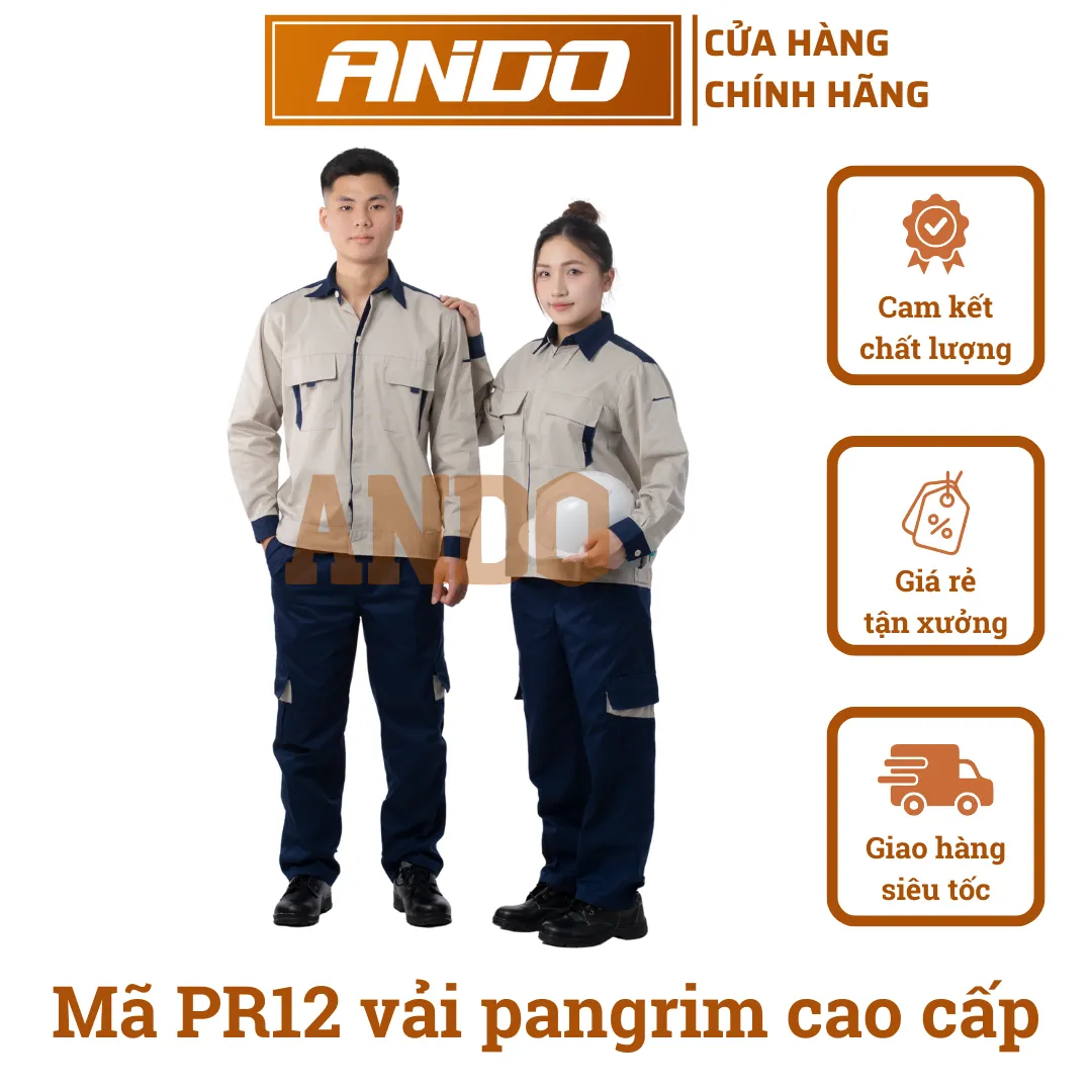 Quần áo bảo hộ lao động mẫu PR12, màu ghi phối tím than, chất vải pangrim cao cấp, in đồng phục bảo hộ lao động cho doanh nghiệp, nhà xưởng, đội thi công,…