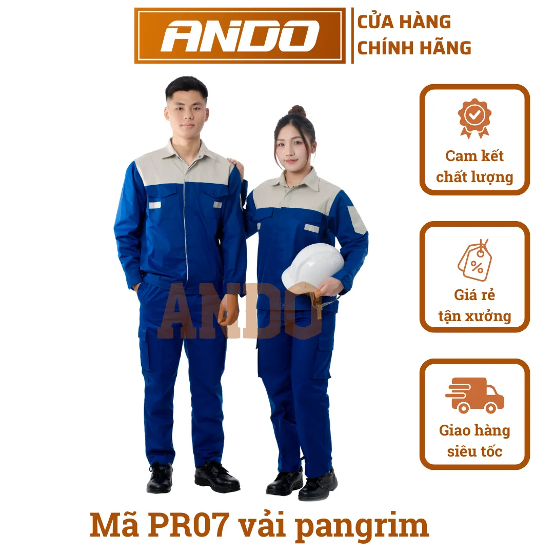 Quần áo bảo hộ lao động mẫu PR07, vải pangrim, màu xanh công nhân phối ngực ghi