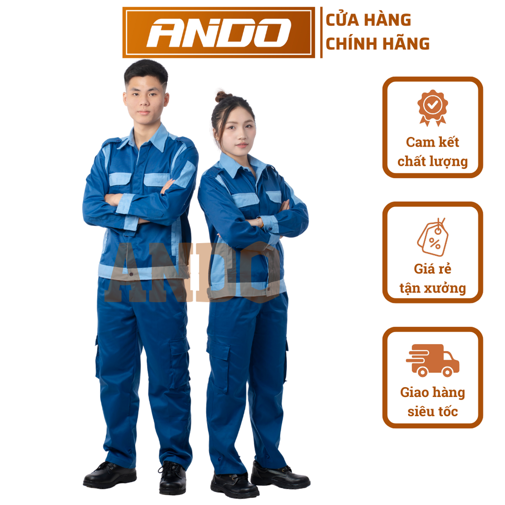 Quần áo bảo hộ lao động mẫu PR08, vải pangrim, màu xanh công nhân
